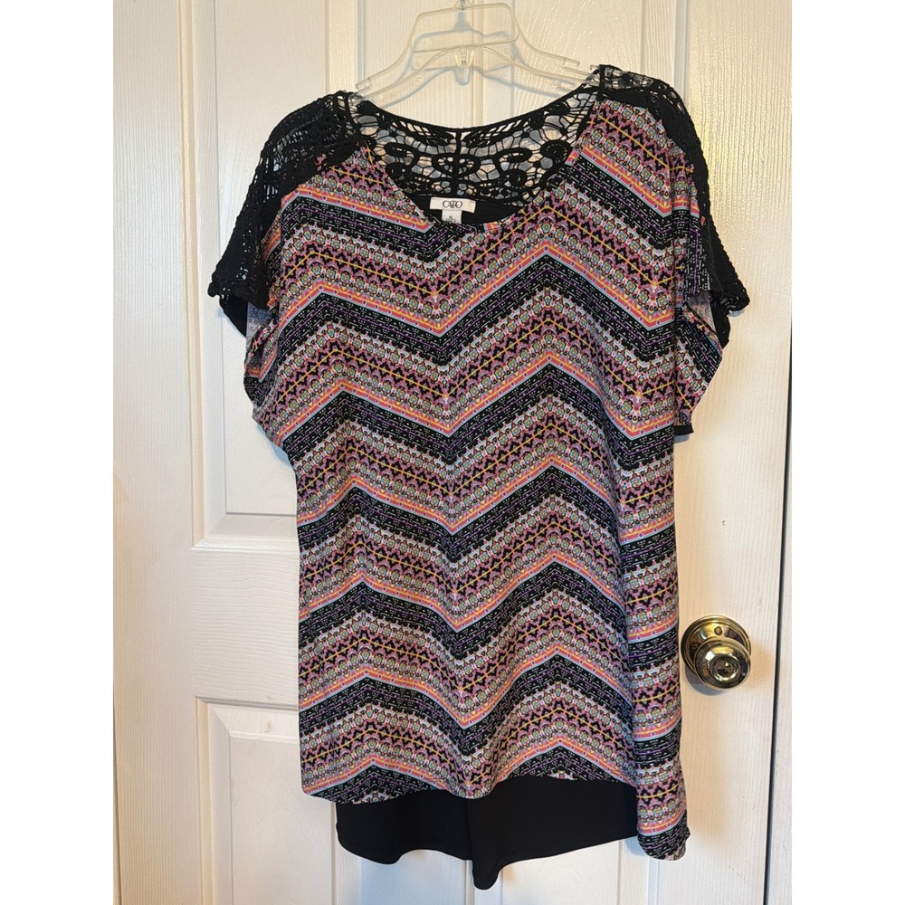 Cato Womens XL Short Sleeve Crochet Lace Chevron Print Blouse Black Multi Color